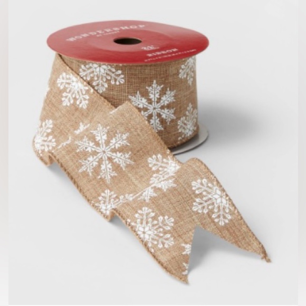 New 2.5" Burlap with Snowflakes Ribbon White/Neutral 21ft - Wondershop